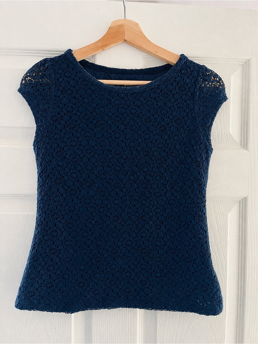 Boden Navy Lace Cap-Sleeve Shirt